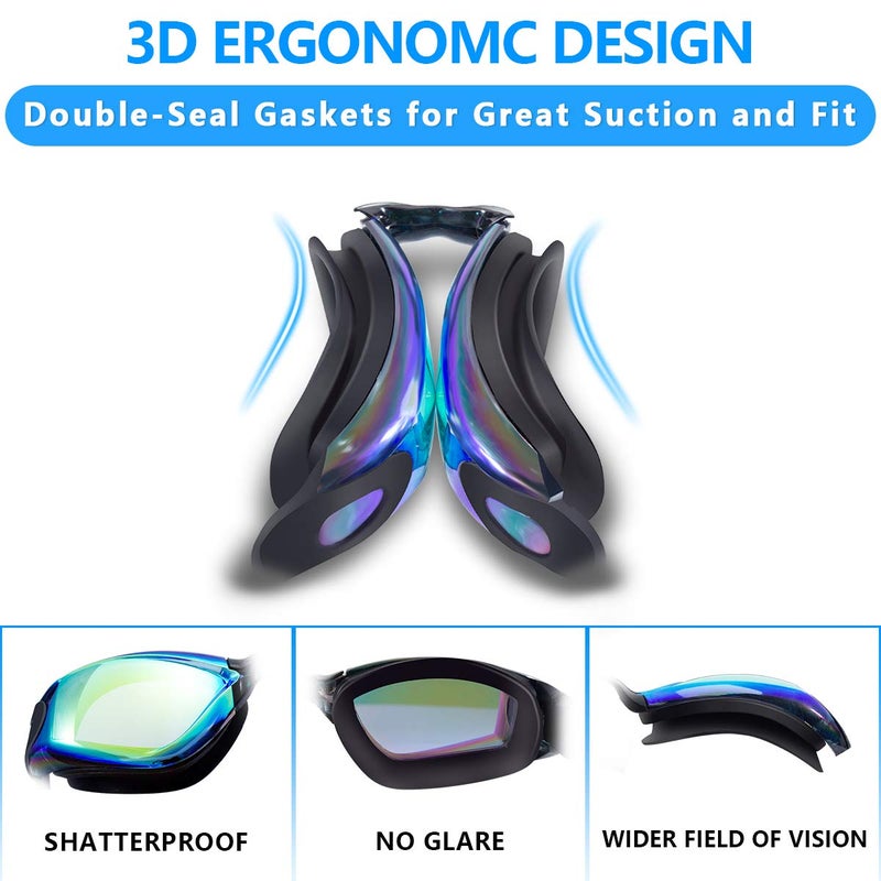 Keary Swim Goggles Pack of 2 Anti-Fog Swimming Goggles for Adults Women Men Youth Junior, No Leaking UV Protection Waterproof Mirrored Lens Triathlon Pool Goggles with 3 Size Nose Pieces & Earplugs - Image 3